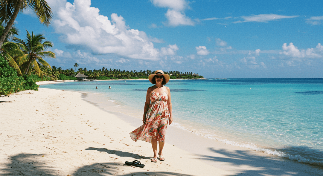 Snowbird canadienne se promenant sur une plage tropicale en hiver