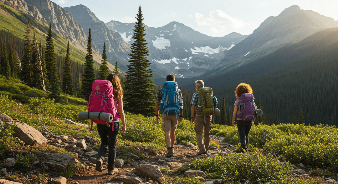 Group of hikers trekking through the Canadian Rockies with backpacks and mountain views