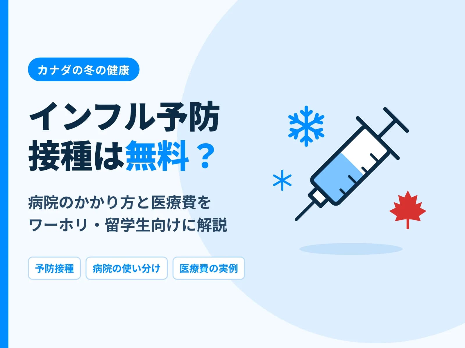 注射器と雪の結晶のイラストと「インフル予防接種は無料？病院のかかり方と医療費をワーホリ・留学生向けに解説」の文字
