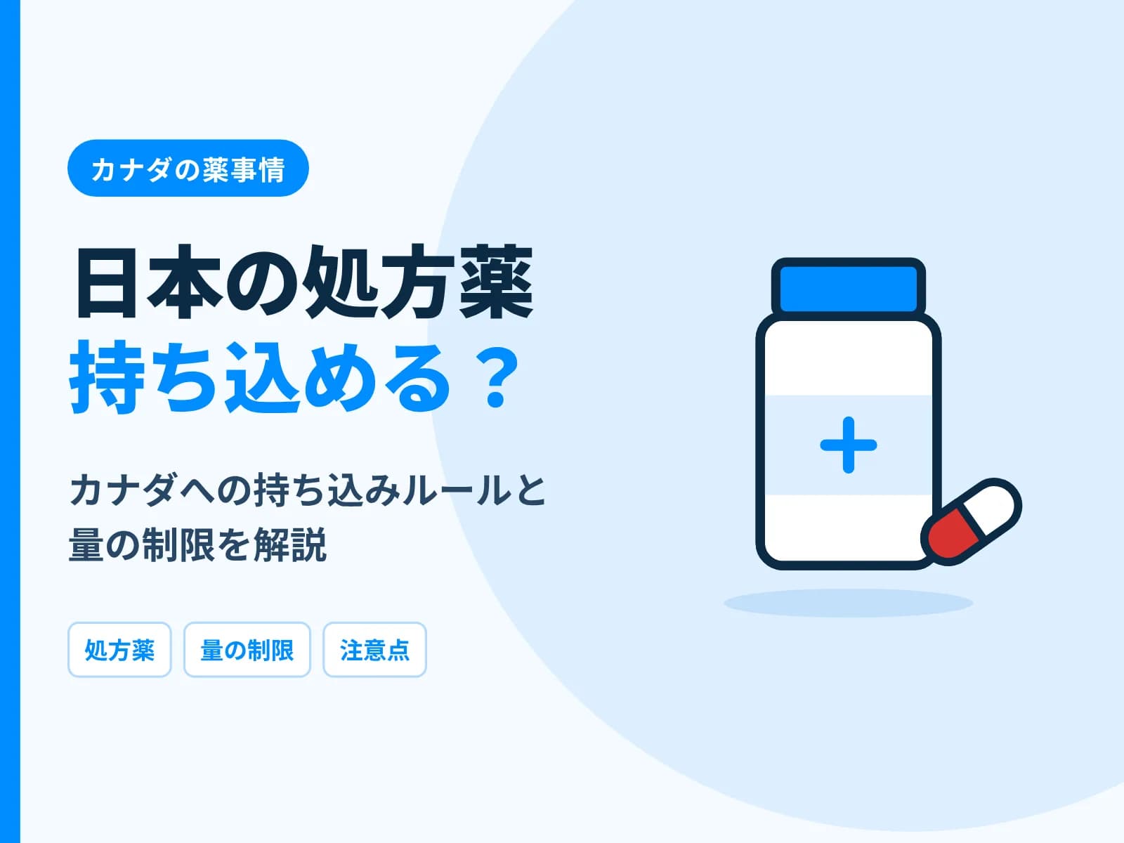 薬のボトルとカプセルのイラストと「日本の処方薬 持ち込める？カナダへの持ち込みルールと量の制限を解説」の文字