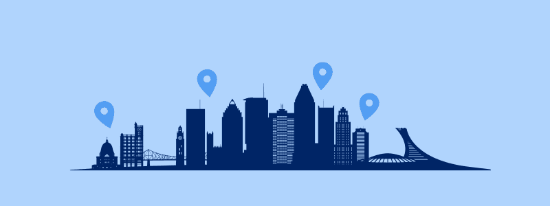 Montreal skyline silhouette with four location pins marking recommended areas to stay.