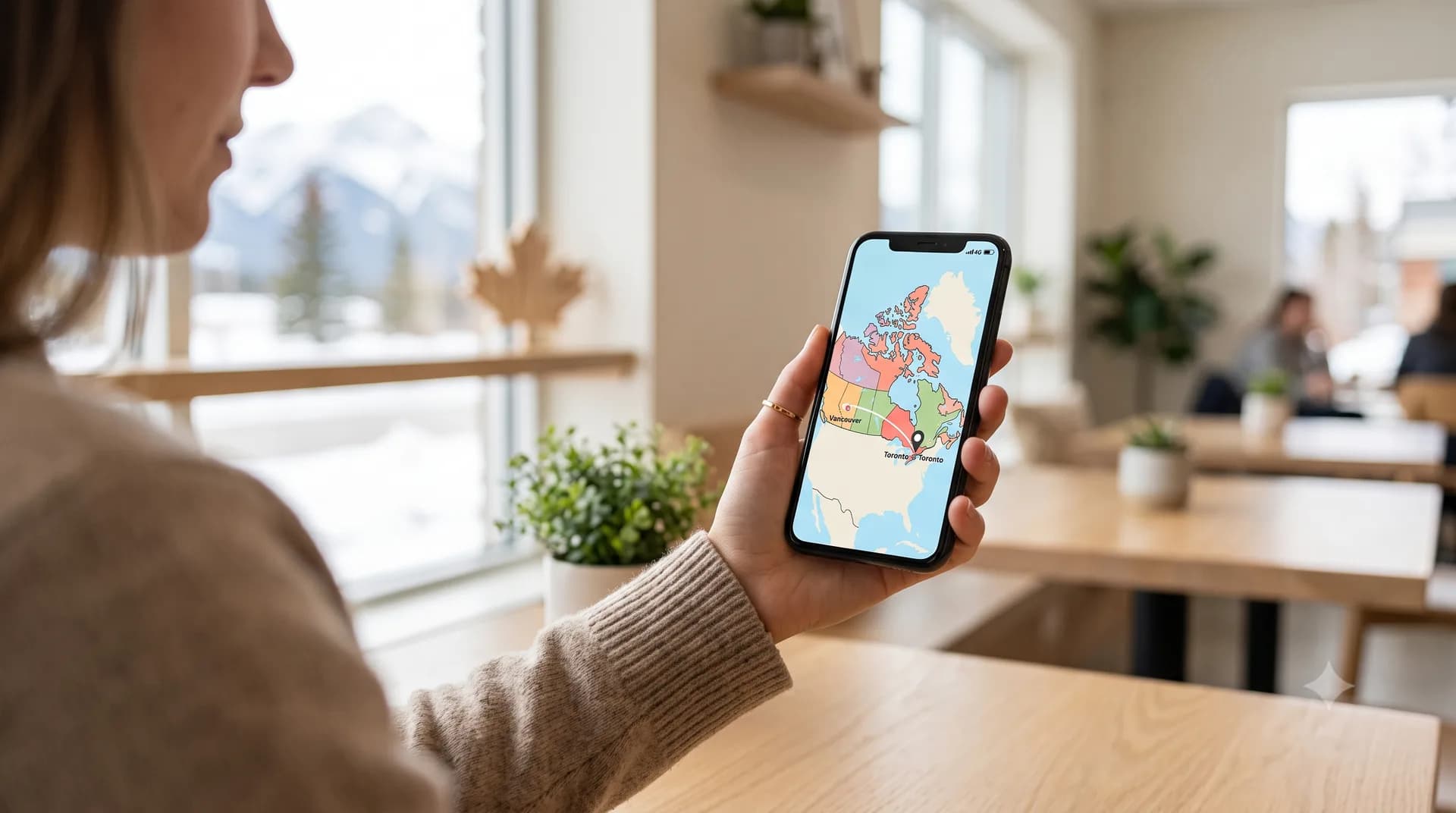 カナダのオーロラと山並みを背景に、SIMカードとスマートフォンを描いたイラスト。カナダの携帯プラン選びガイドのイメージ画像。