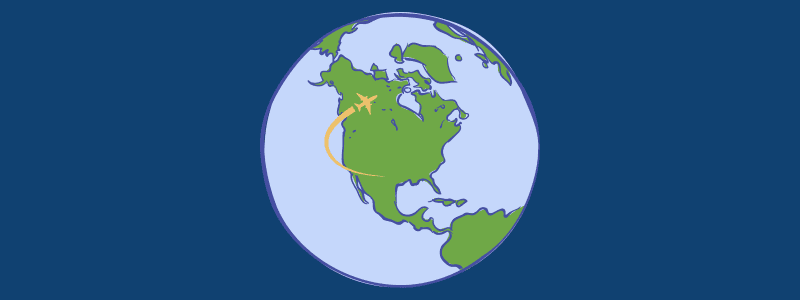 Globe of North America with a plane flying from the United States to Canada.