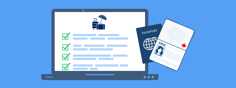 Laptop with a Super Visa application open beside a Canadian passport and Canada visa.