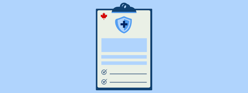 Clipboard with a Canadian health insurance form showing a medical shield and maple leaf with checklist items.