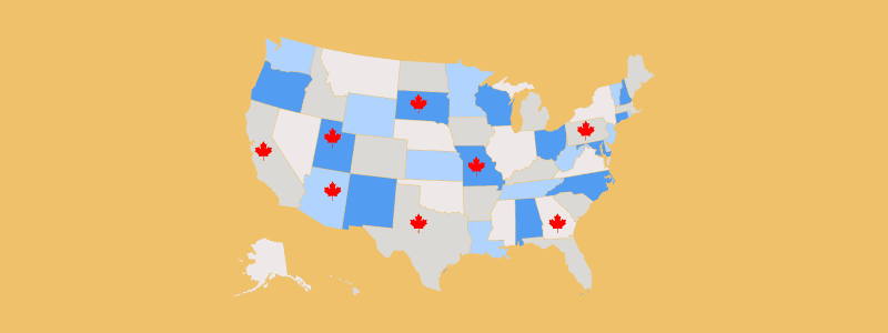 Map of the United States with red maple leaves across multiple states, representing Canadian snowbirds in the US.