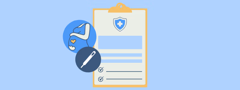Illustration of a medical clipboard with a shield icon, a pregnancy silhouette, a thermometer, and check marks, symbolizing pregnancy travel insurance.