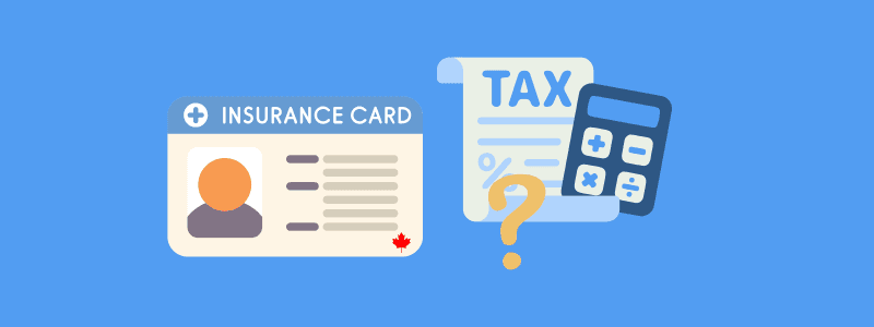 Canadian provincial health card beside a tax letter and calculator with a question mark icon.
