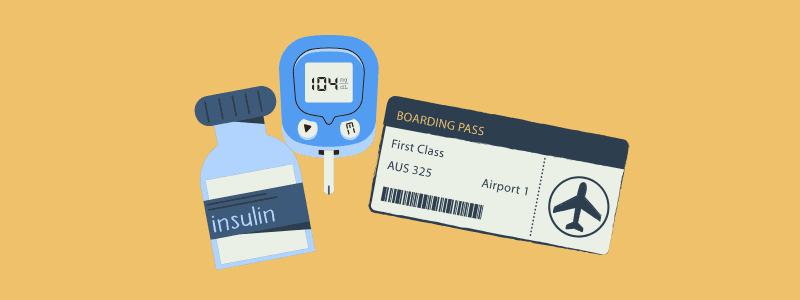 Glucose meter, insulin pen, and test strips on a travel checklist for a trip to Canada.