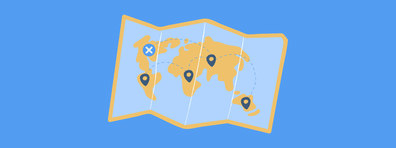 Map with pinned destinations and an X over the United States—showing the best snowbird travel spots outside the USA: Mexico, Spain, Costa Rica and Portugal.