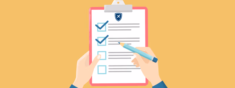 Hands holding a clipboard checklist with blue checkmarks and a small travel-shield badge, symbolizing IEC Canada insurance requirements.