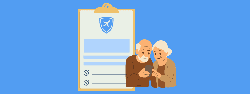 Two seniors using a smartphone to purchase travel insurance through a broker.