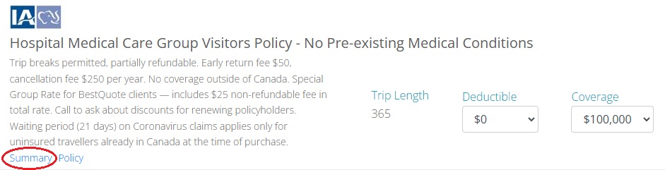 Super Visa quote summary button