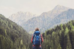 A hiker looking trees and mountains