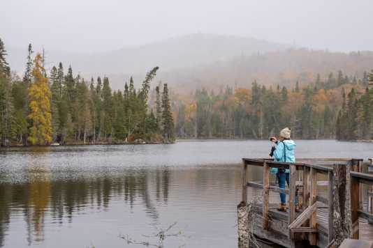 A woman looking out at a lake and trees on a foggy morning
